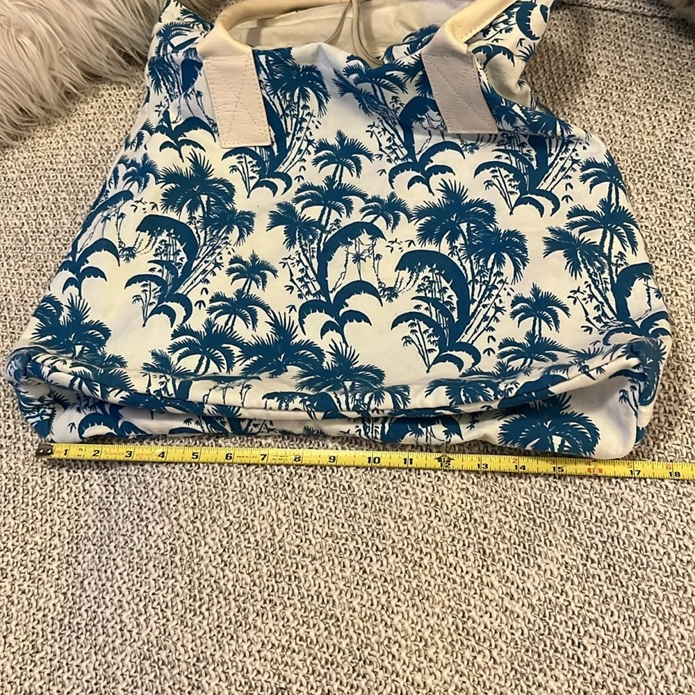 Tropical Blue White Canvas Hawaiian Print Leather Handles Drawstring Large Tote